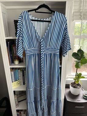 SPIRITO Coastal Blue and White Striped Maxi Dress